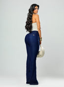 Calça Jeans Flare Feminina Escura Cintura Alta Bolso Social