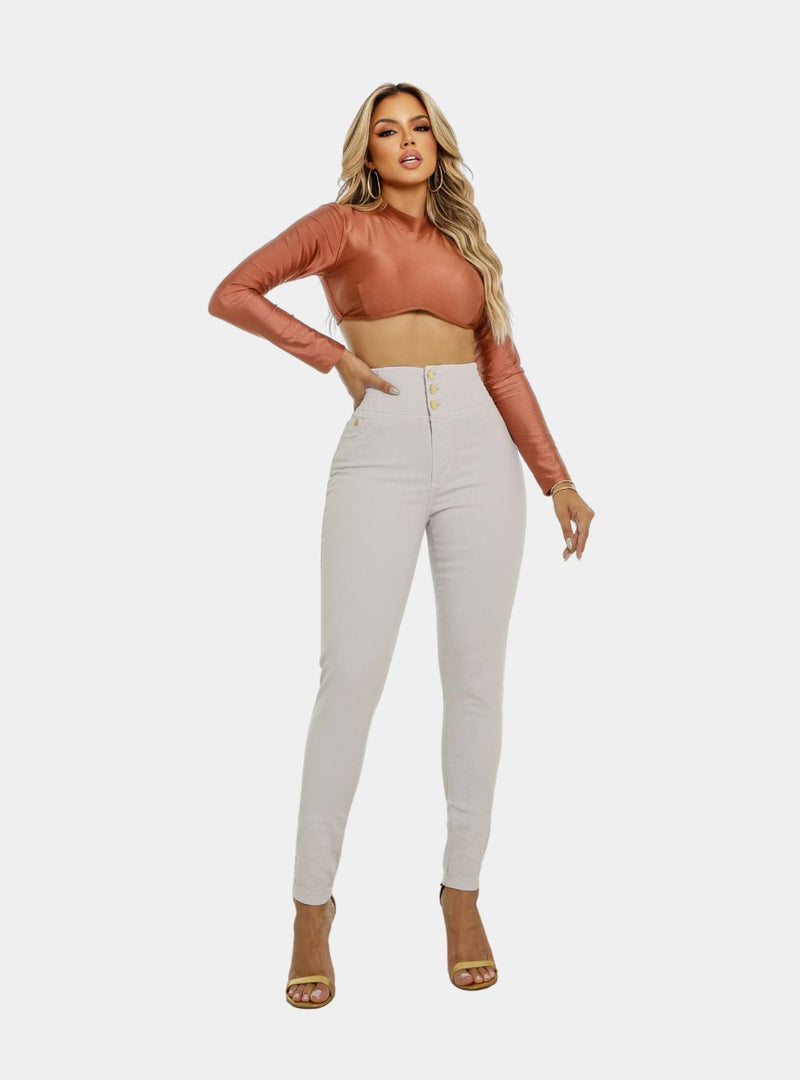 Calça Jeans Modeladora Feminina Cintura Alta Bege