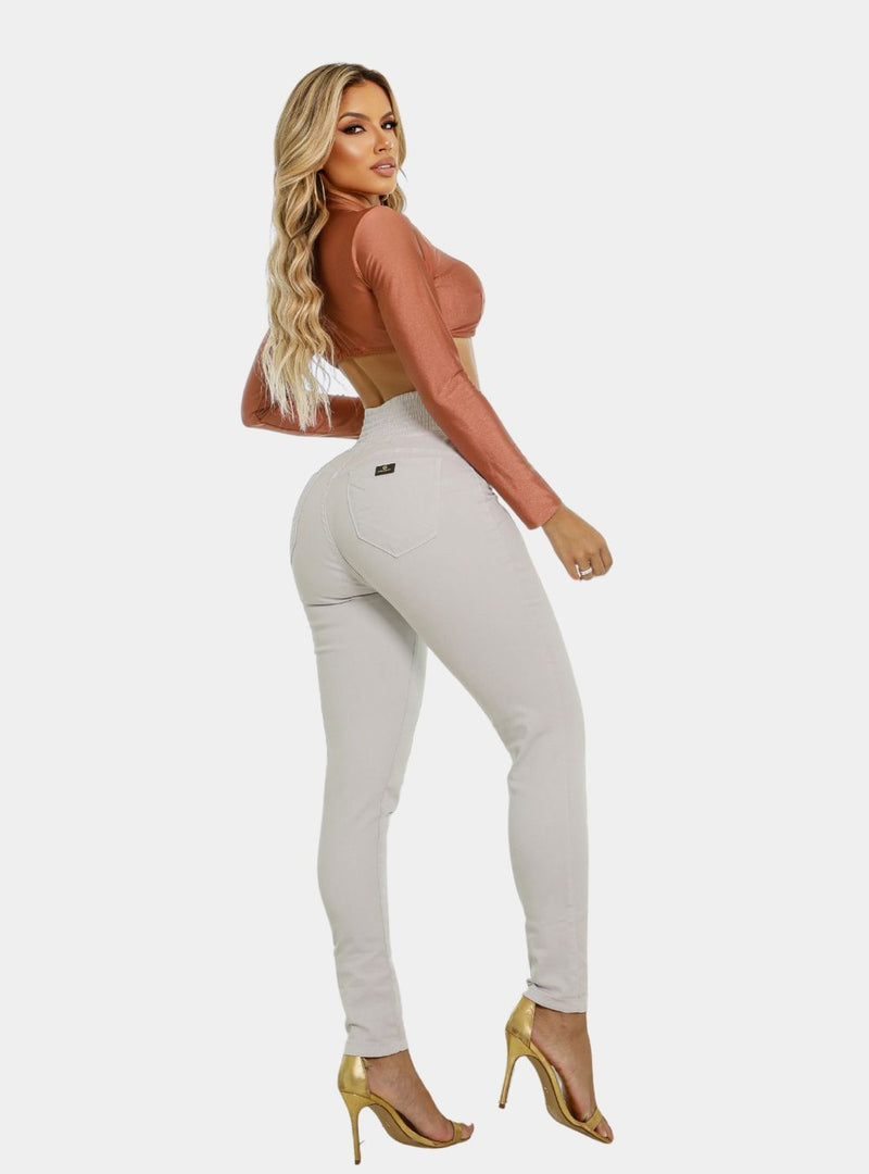 Calça Jeans Modeladora Feminina Cintura Alta Bege