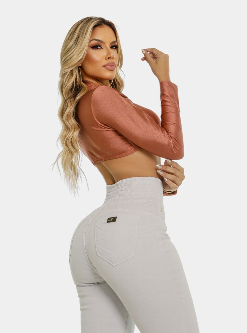 Calça Jeans Modeladora Feminina Cintura Alta Bege