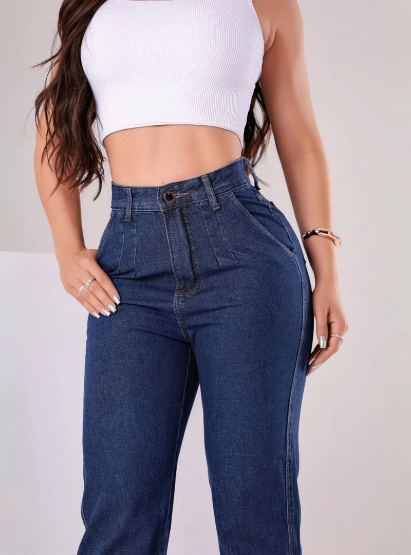 Calça Jeans Premium Feminina Mom Cintura Alta Marmorizada
