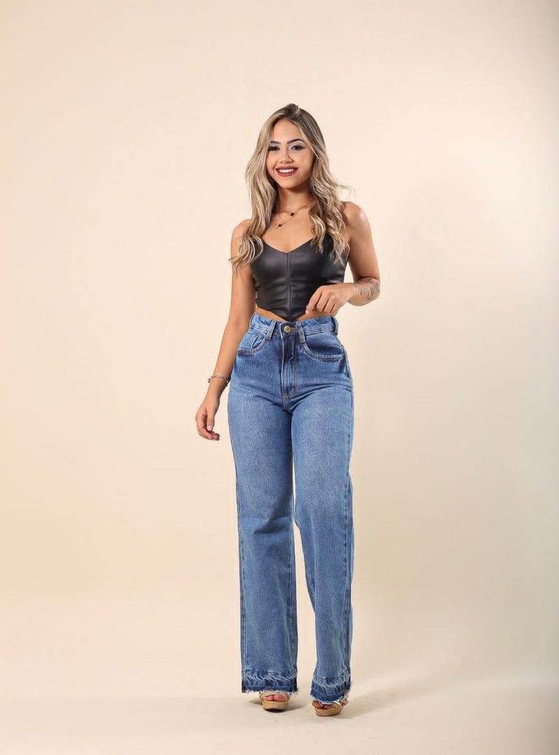 Calça Jeans Wide Leg Detalhe Na Barra