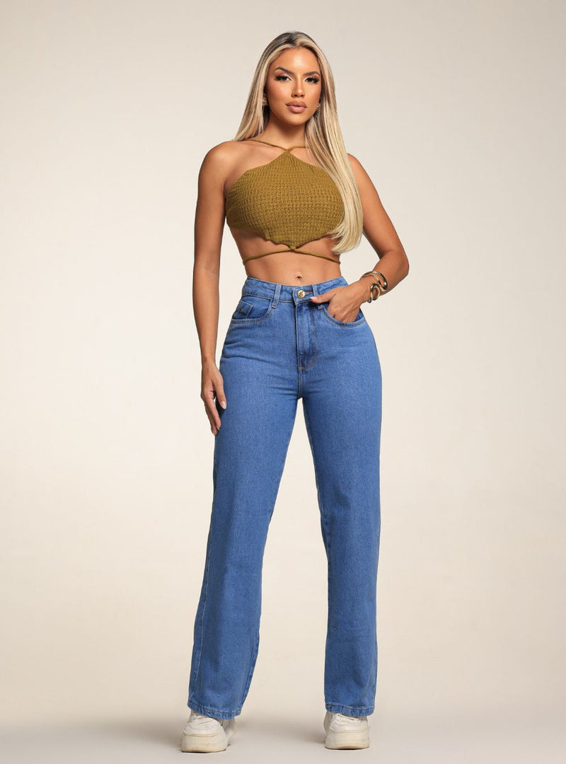 Calça Wide Leg Jeans Médio Feminina