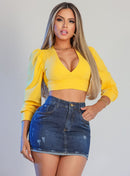 Saia Feminina Jeans Médio Cintura Alta Barra Dobrada Escura